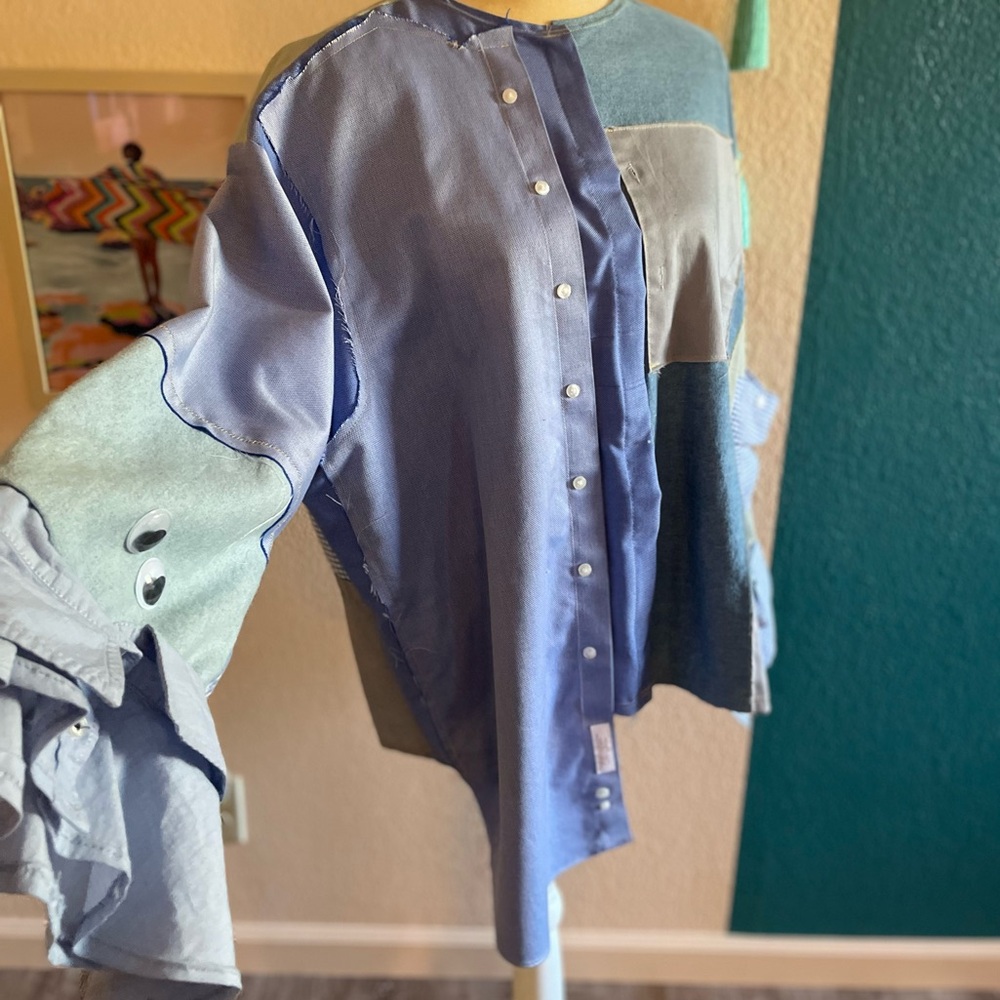 Patchwork Blue Button-Up Shirt - image 2